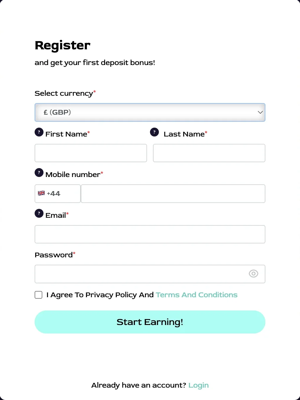Ocean Breeze Casino registration form